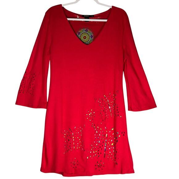 Desigual Dominique Butterfly Laser Cut Midi Shift Dress Sz XL 3/4 Flared‎ Sleeve - Picture 1 of 12